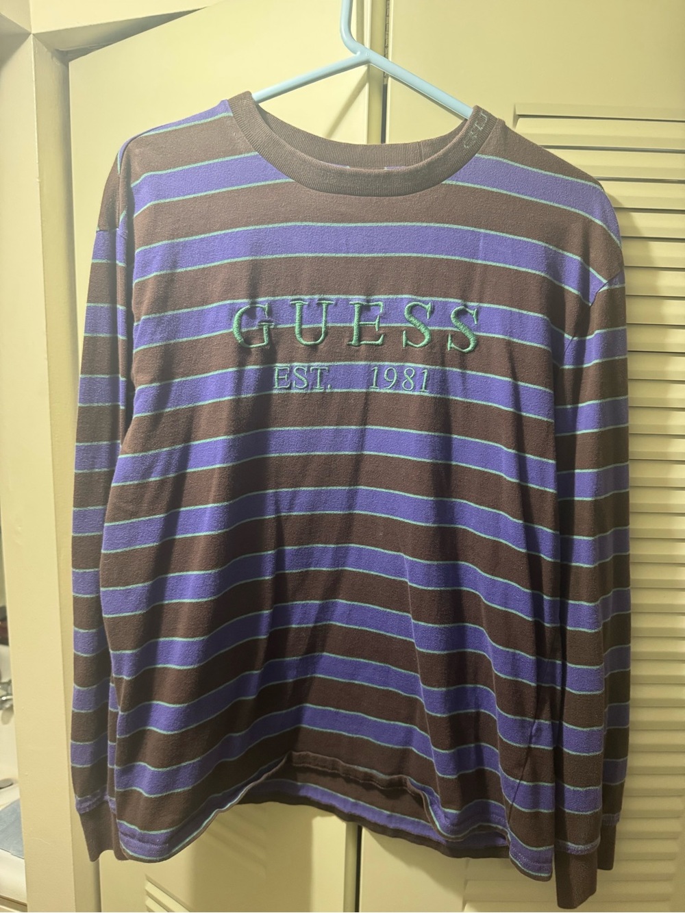 GUESS Brown & Purple Striped Long Sleeve Shirt with Embroidered Logo